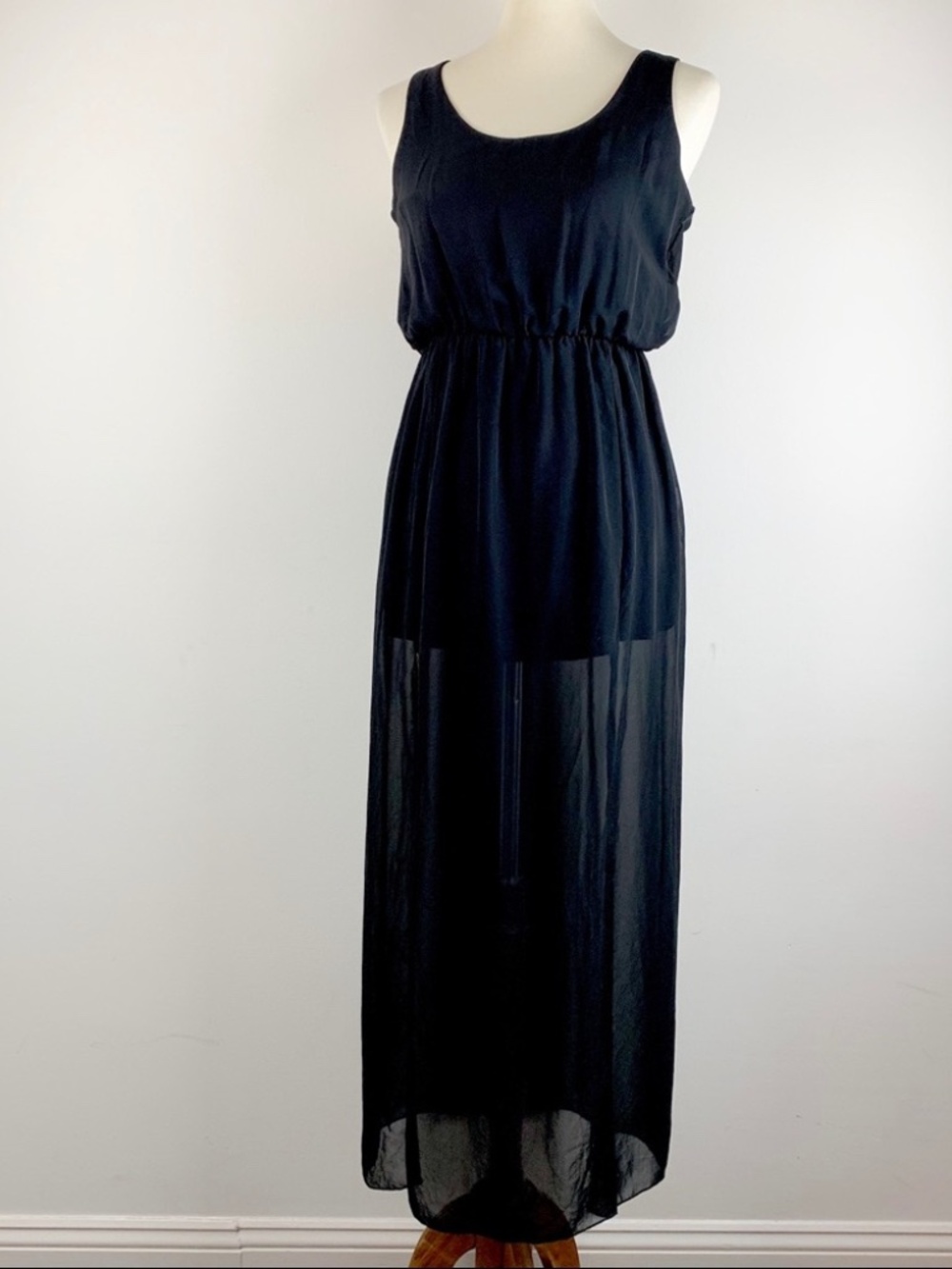 Malloy Black Mini Dress with Semi-Sheer Maxi Sleeveless Tank M
